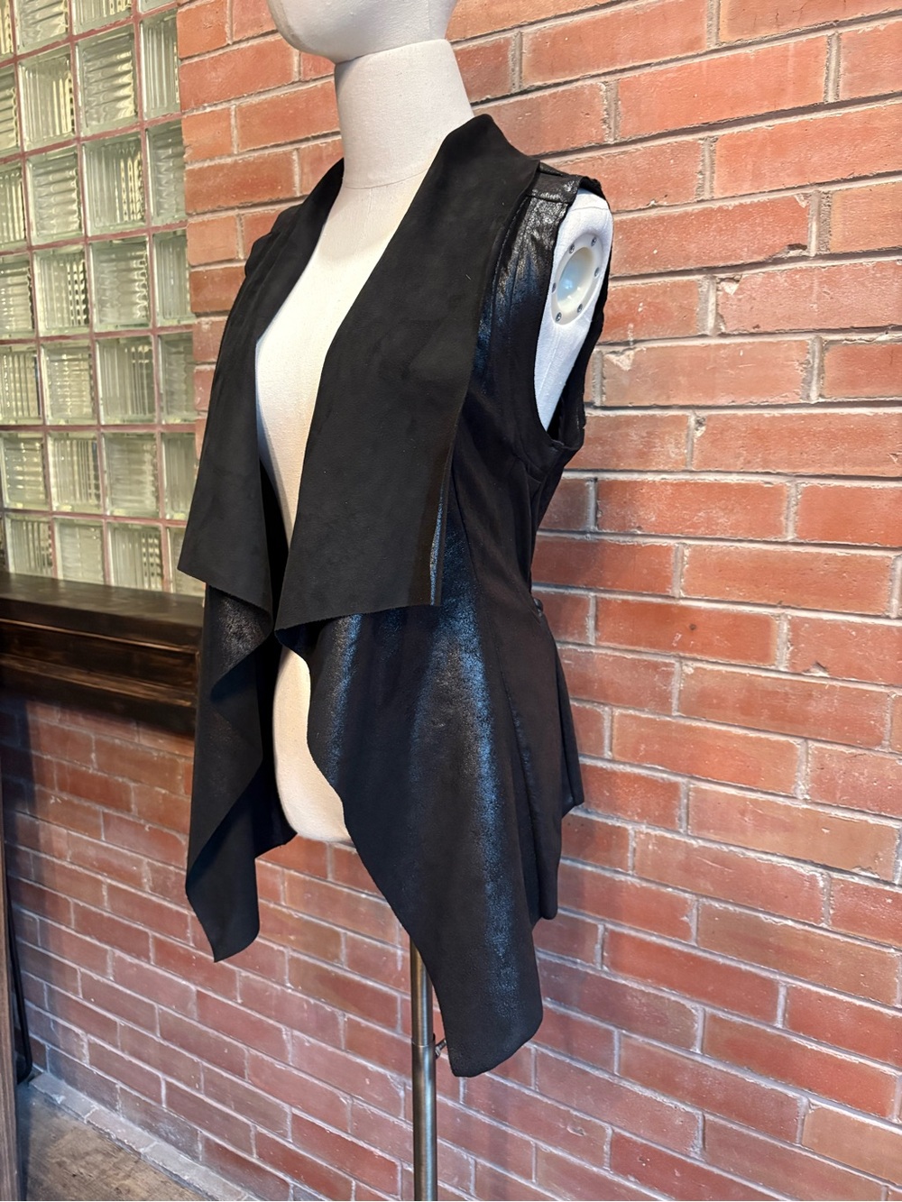 Women’s Black Draped Faux-Leather Vest XS